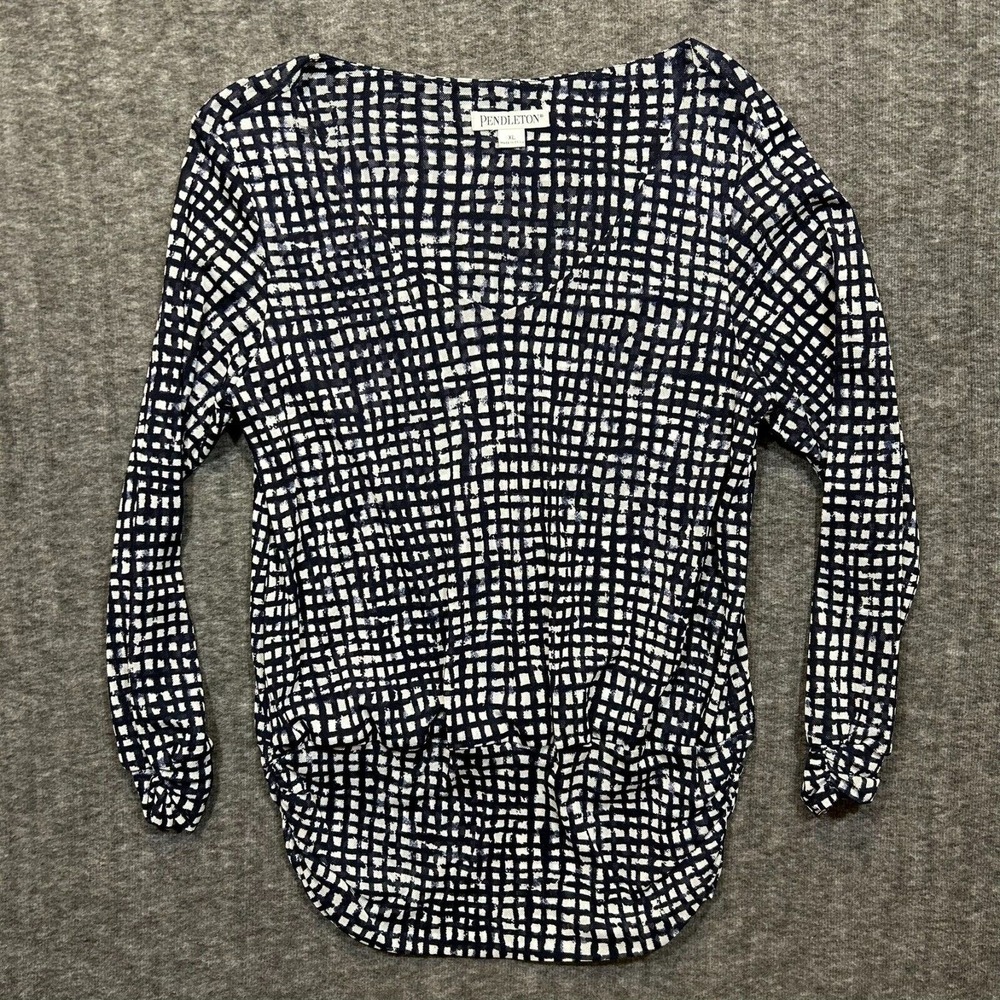 PENDLETON Size XL Navy Blue White Ruched‎ Long Sleeve Geometric Checkered Blouse